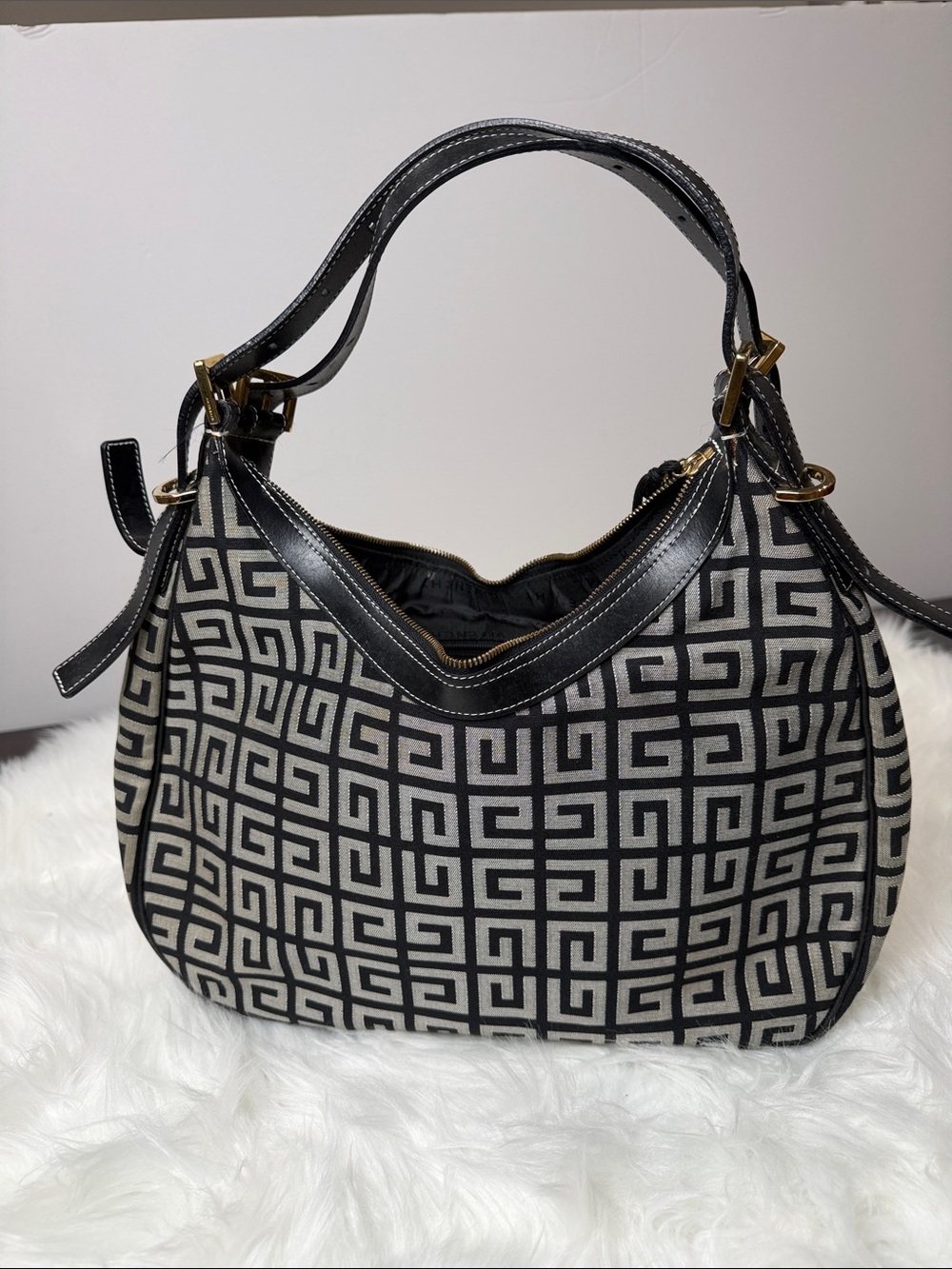 Givenchy Vintage 4G Monogram Jacquard Hobo Shoulder Bag Black Gray